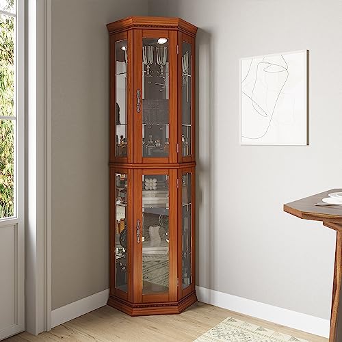 BELLEZE Lighted 3-Side Glass Display Curio Cabinet w/Tempered Glass Doors and Shelves, Accent Wooden Corner Cabinet with Bulb, Corner Storage Decorati