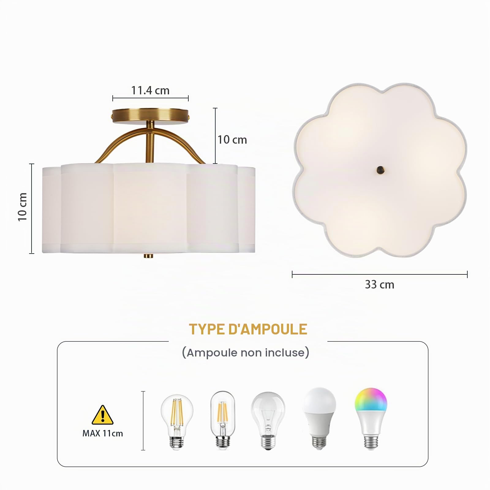 CALOKES Plafonnier à 3 lampes, Ø30 cm, avec abat-jour en tissu crème en forme de fleur et bras doré – pour chambre, cuisine, salon, couloir et entrée.