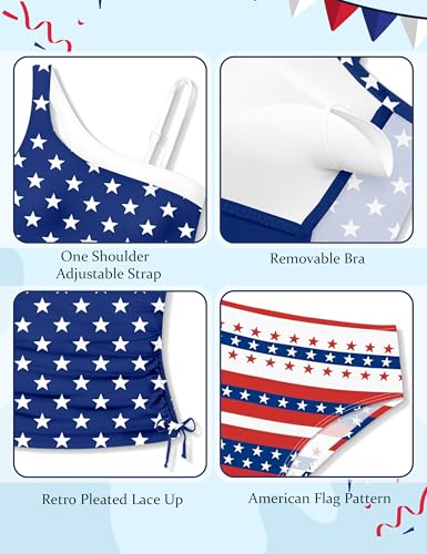 Image of AGAPENG Girls Swimsuit Two Piece One Shoulder Tankini Floral Print Drawstring Swimwear Set 7-14Y