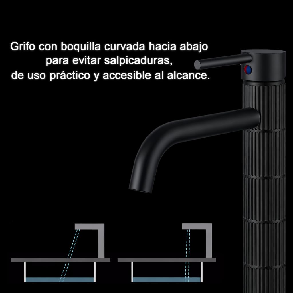 Grifo de lavabo alto monomando con cuerpo de latón, mezclador para lavabo sobre encimera, acabado negro mate, cartucho cerámico duradero (Negro mate, Alto) — view 5