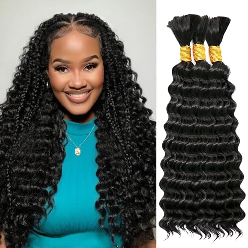 Boho Hair for Braiding 300g 18 Inch Deep Wave Bulk Hair for Braiding No Weft Wet and Wavy Deep Wave Bundles Natural Black Long Curly Braiding Hair for Boho Braids 3 Bundles 1B