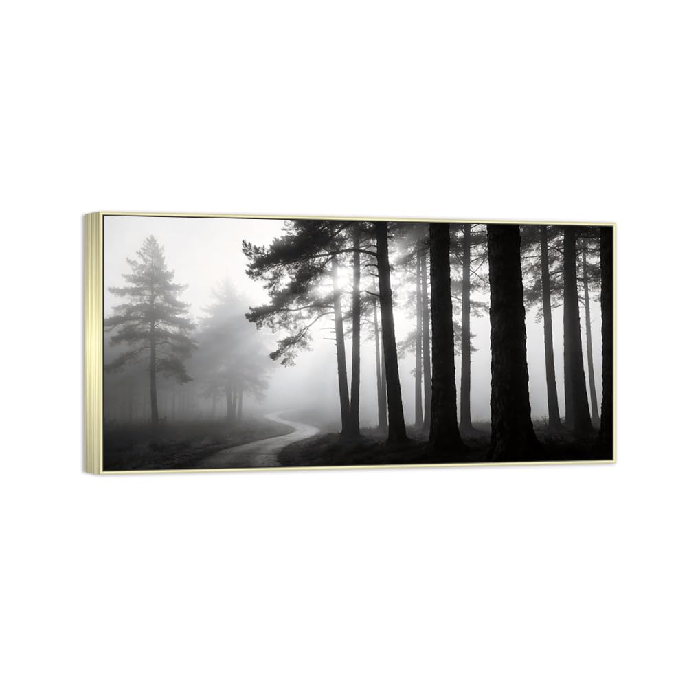 Forest Road Black White Landscape Canvas Picture 60x120cm Silver Frame