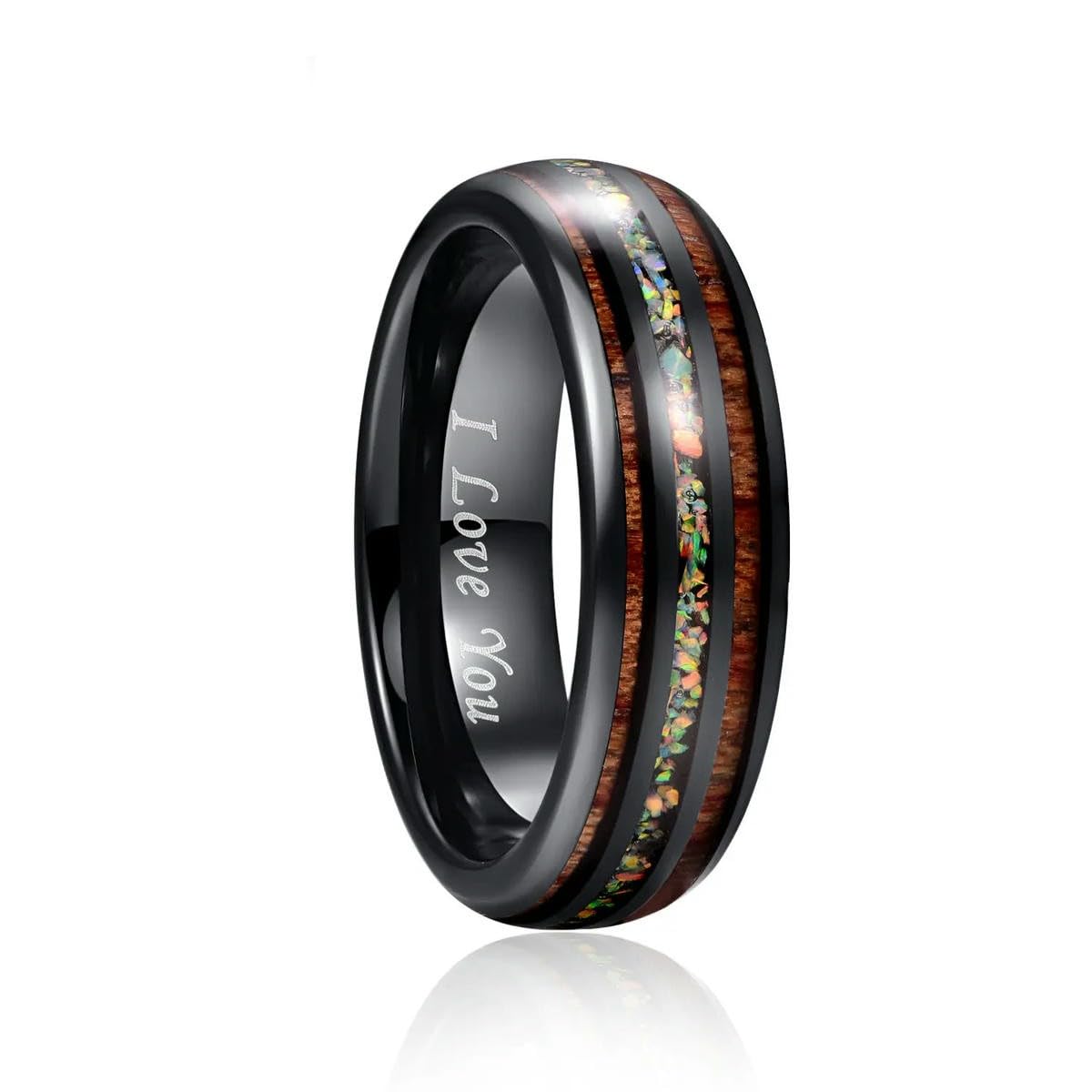 Yahoya Men's Black 6Mm Tungsten Carbide Ring Opal Hawaii Koa Wood Komaru Width Color Rainbow Wo's I Love You Ring