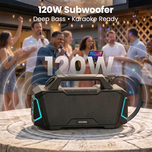 Image of GEARit Boombox Outdoor Speaker Portable | 120W Subwoofer Deep Bass Karaoke | IPX6 Waterproof RGB Light Bluetooth 5.3 EQ | AUX /MicroSD /USB Power Bank 12H Playtime for Camping Beach Party Pool Gift