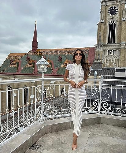 Atyfuniby Womens Sweater Bodycon Dresses Short Sleeve Crochet Knit Tube Sheer Stripe Mock Neck Midi Dress3