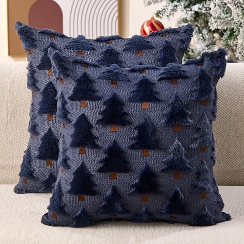 Image of Allorry Christmas Pillow Covers 20x20 inch Set of 2 Navy Blue Christmas Decorations Soft Plush Faux Fur Wool Christmas Tree Throw Pillow Cases Winter Holiday Decor for Sofa Living Room PT002H20