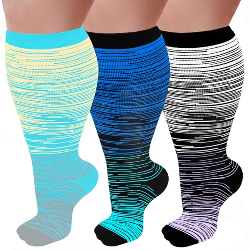 Image of 3 Pairs Plus Size Compression Socks for Women and Men Wide Calf 20-30mmhg Extra Large Knee High Support for Circulation