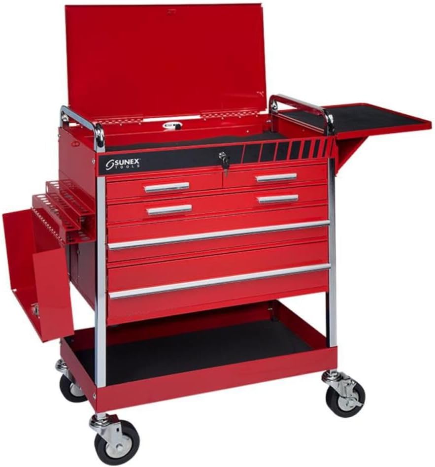 Sunex 8045 Professional 5 Drawer Service Cart with Locking Top- Red