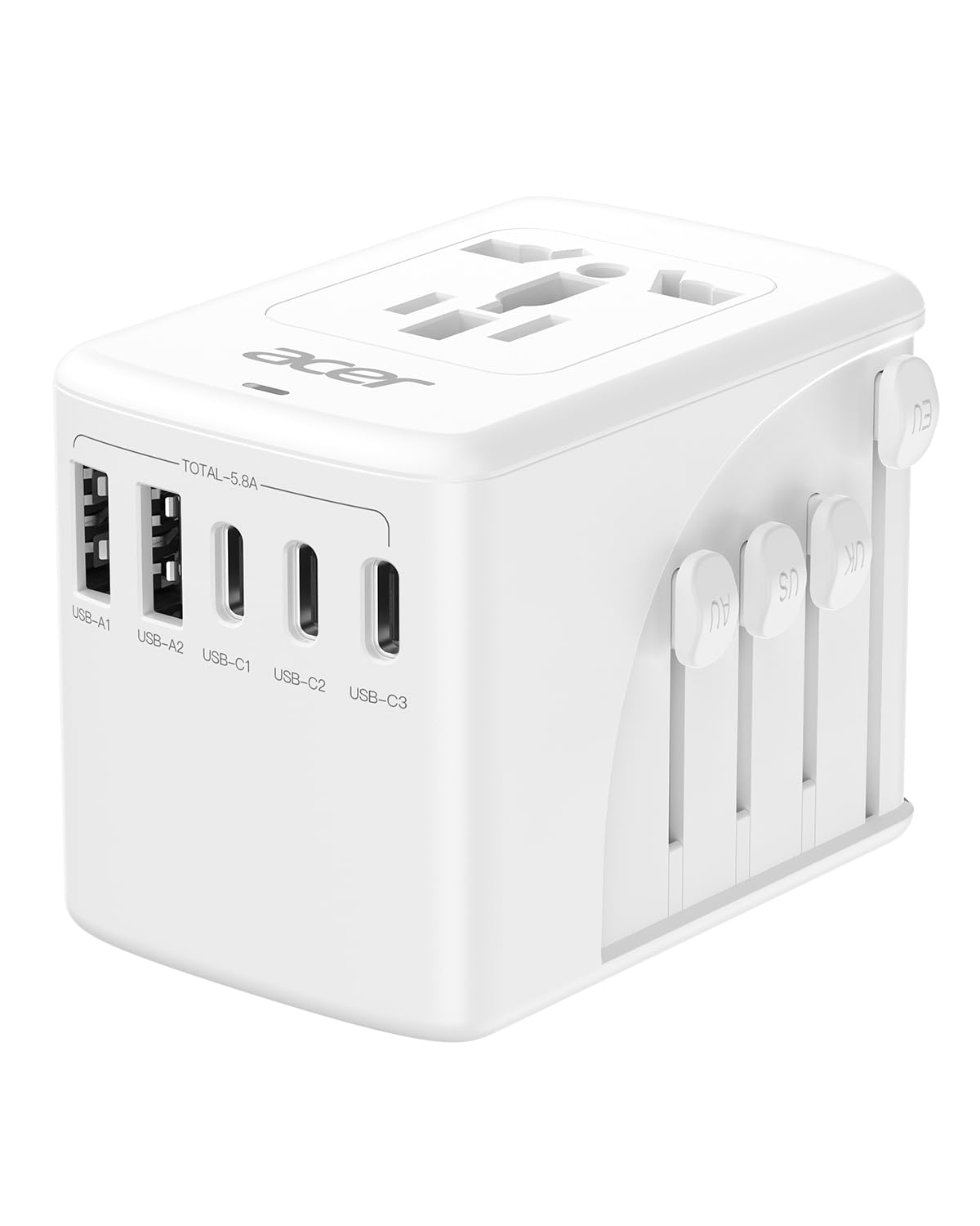 Acer Universal Travel Plug Adapter - International Power Adapter with 5 USB Ports (3 USB C) 5.8A, Worldwide Outlet Charger for USA to European UK France Germany Spain, Type C/E/F/G/I/L/A, White