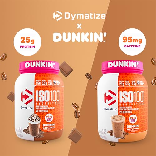 Image of Dymatize x Dunkin' Cappuccino ISO100 Whey Protein Powder, 95mg Caffeine, 25g of Protein5.5g BCAAs, 120 Cal., Gluten Free, 1g Fat, 1g Sugar, 2g Carb (20 Servings)