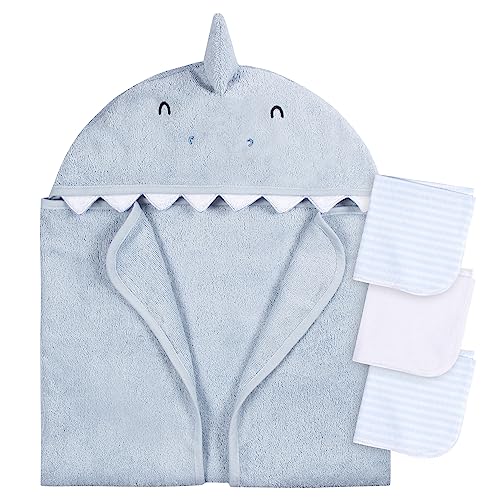 Image of Gerber Baby 4 Piece Animal Character Hooded Towel and Washcloth Set, Blue Shark, One Size