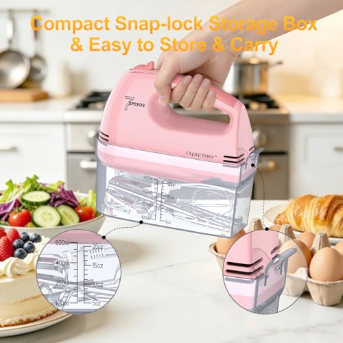 Image of LILPARTNER Electric Hand Mixer with Storage Box, Ultra Power Kitchen Hand Mixer With 7-Speed & 5 Stainless Steel Accessories for Whipping Dough, Cream, Cake, Dishwasher Safe, LIGHT PINK BOX