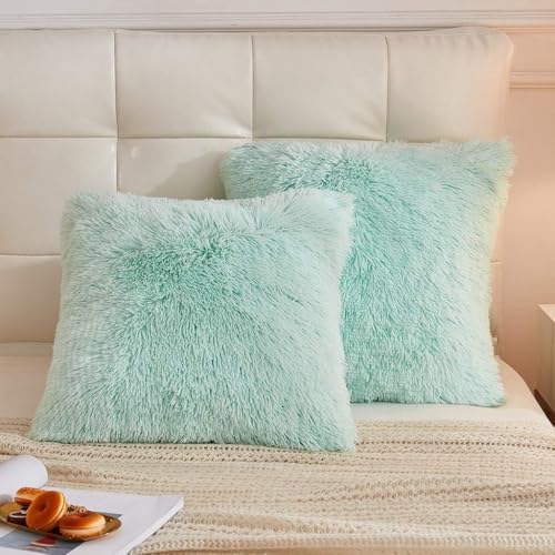 Image of Pack of 2 Luxury Fur Shaggy Fluffy Throw 12X12 Pillow Covers Set Soft Deluxe Decorative Plush Fleece Pillowcases for Cushion Couch Sofa Bedroom Home (Aqua Green, 12x12)