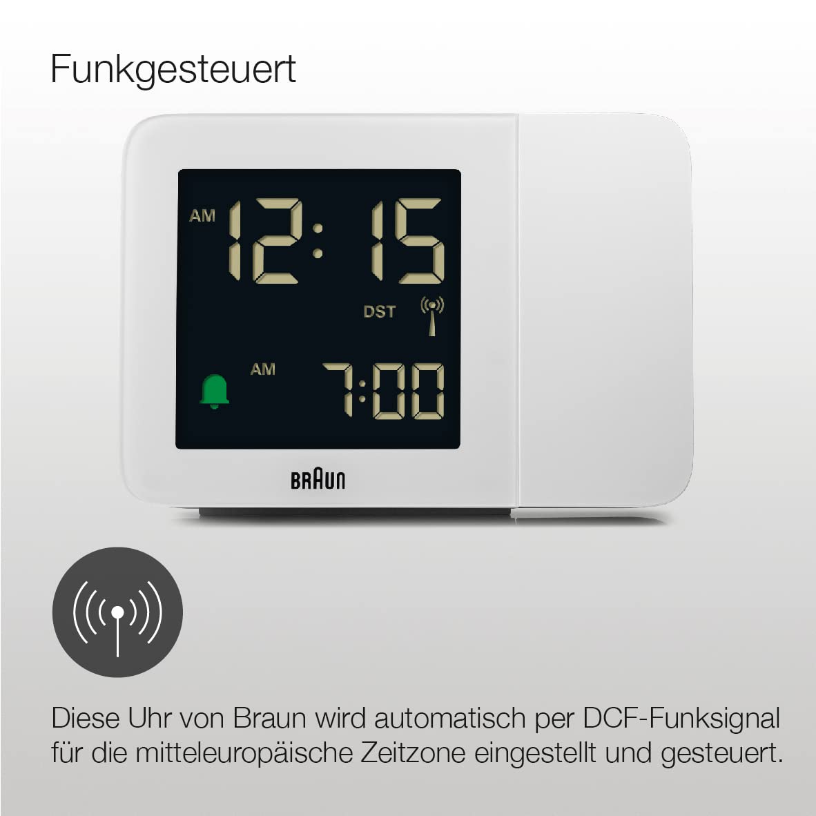 Braun Budzik z cyfrową projekcją radiową do strefy czasowej Europy Środkowej (DCF) z 4 opcjami podświetlenia, negatywny wyświetlacz LCD, szybkie ustawienie, model BC15W-DCF biały