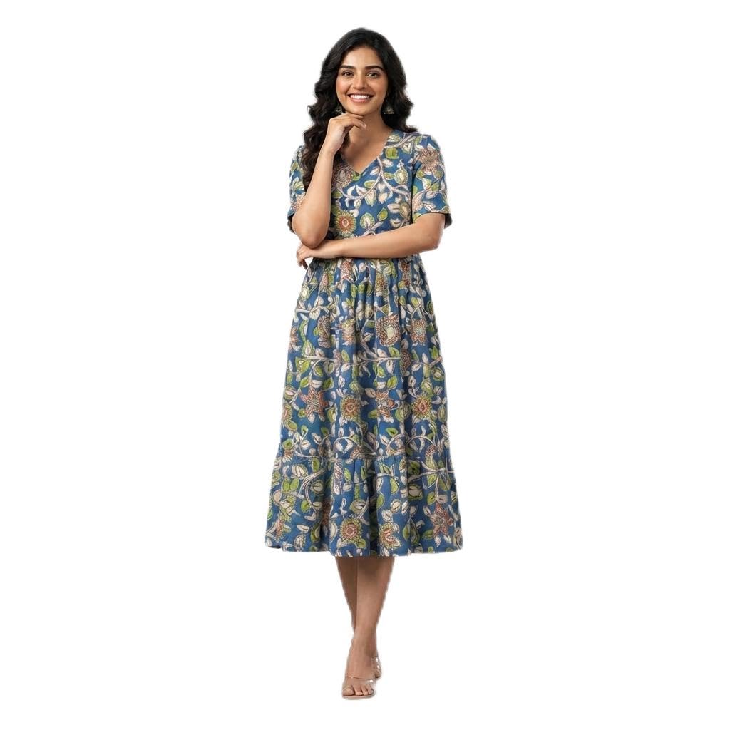 Women's Blue Floral Print Midi Dress, V-Neck Short Sleeve-picture-43