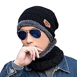Gellwhu Men Winter Slouchy Beanie Hat Scarf Set Women Lined Thick Knit Skull Cap (Hat+Scarf (Black))