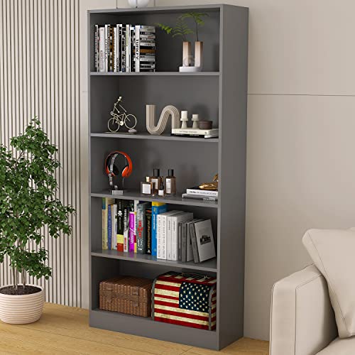 LZ-DONGMAN Wood Bookcase 5-Shelf Freestanding Display Shelf Organizer Wooden Bookshelf for Home Office School (Grey 11.8" D x 31.5" W x 67.9" H)