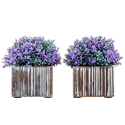 Mygift Small Tabletop Faux Floral Arrangement, Artificial Verbena Purple Flower In Rustic Torched Wood Square Pots, Set Of 2 #TOP4