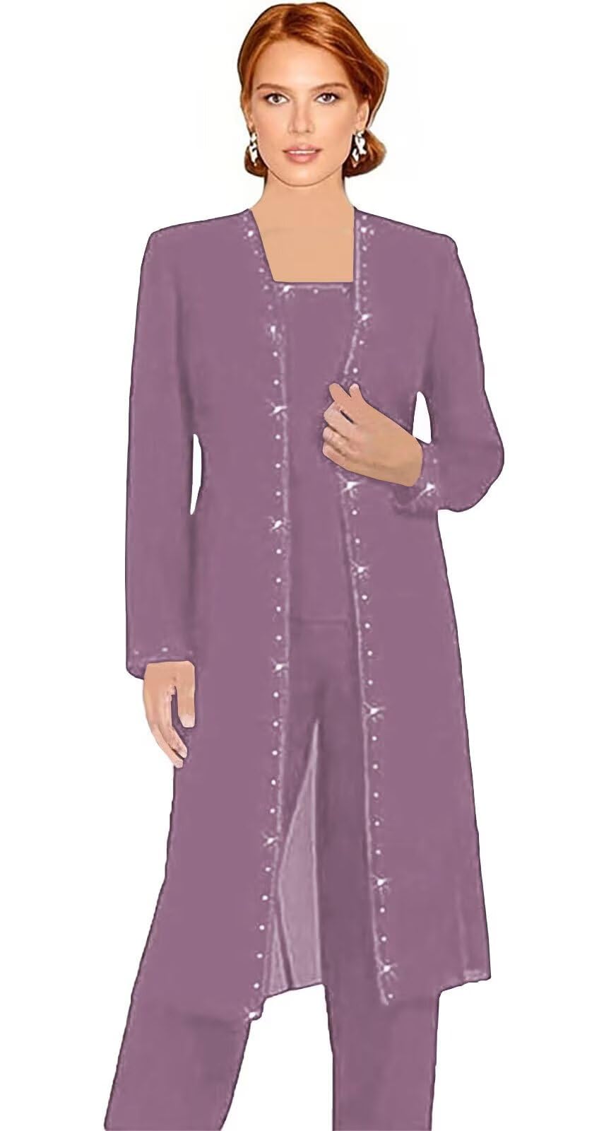 3 Pieces Chiffon Mother of The Bride Pant Suits for Women Dressy - Long Sleeve Beaded Grandmother of