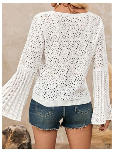 SOLY HUX Women's V Neck Hollow Out Boho Sweater Long Bell Sleeve Shirts Beach Coverup3