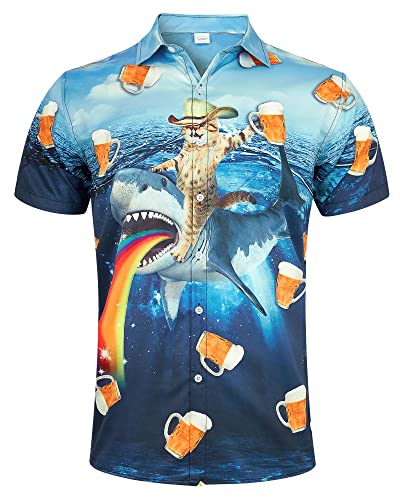 Goodstoworld Hawaii Shirt Men Shark Cat 3D Printed Funny Ugly Beer Rave Loud Funky Bad Taste Shot Casual Summer Crazy Stag Shirt Holiday Party XXL