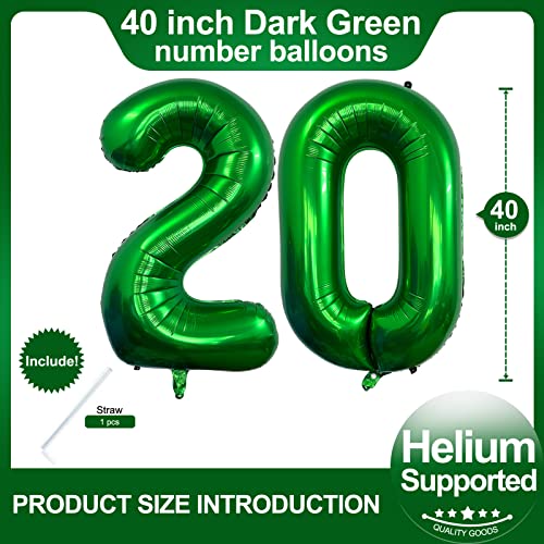 Image of Number 20 Dark Green Balloons 40 Inch Giant Green 20 Numer Foil Helium Balloons for 20th Green Birthday Party Supplies 20th Anniversary Events Decorations