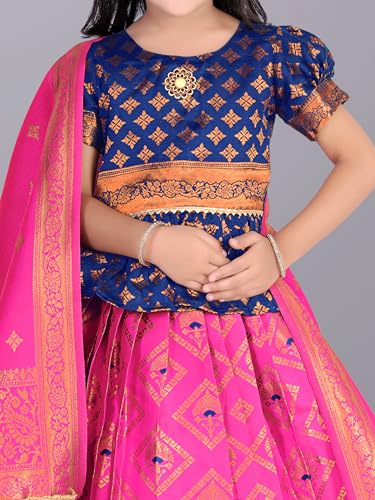 Image of Girls Pattu Pavadai Ready to Wear Lehenga, Blouse & Dupatta Set - Heavy Jacquard Fabric, Fully Stitched