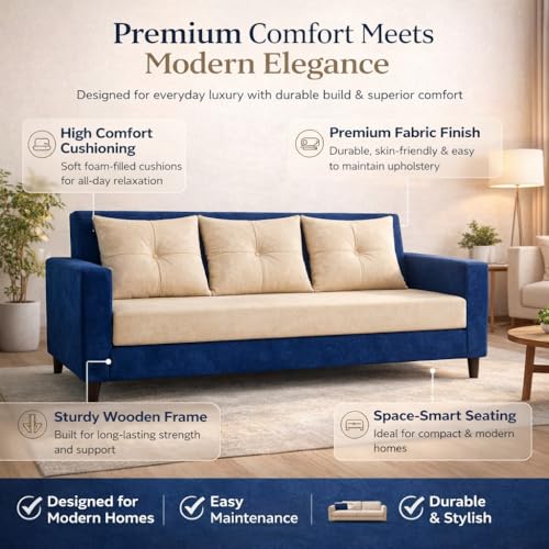 Image of Ultimate Comfort 3+2 Wooden Sofa Set | Premium Velvet Fabric | Modern 5-Seater Sofa | Durable & Stylish Living Room Furniture(Blue & Cream)