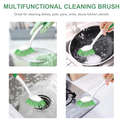 Image of SetSail Dish Brush with Handle, 2 Pack Stiff Bristles Dish Scrubber with Built-in Scraper Dish Scrub Brushes for Cleaning Dishes, Pots and Pans, Kitchen Sink, Green