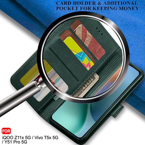 Image of TheGiftKart Flip Back Cover Case for iQOO Z11x 5G / Vivo T5x 5G / Vivo Y51 Pro 5G | Genuine Leather Finish | Designer Button | Inbuilt Pockets & Stand | Flip Back Case Cover (Faux Leather, Green)