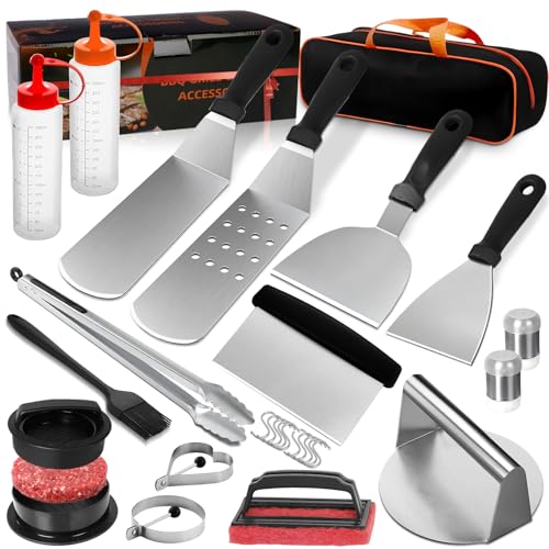 JUAUO Juego 27 Utensilios de Barbacoa de Acero Inoxidable, Kit de Accesorios Profesional para Parrilla y Plancha con Bolsa de Transporte y Prensa Hamburguesas, Regalos para Hombres y Chef Aficionado