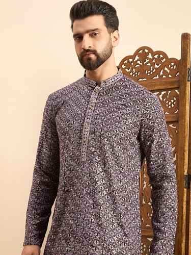 Image of Amazon Brand - Tavasya Men Rayon Geometric Embroidered Mandarin Collar Straight Kurta