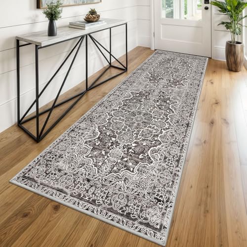 KUTA Vintage Washable Runner Rug, 2.6x8 Runners for Hallways Non-Slip Tan Grey Kitchen Rugs Ultra Soft Printed Tribal Floor Carpet for Bedroom Living Room Nursery Playroom