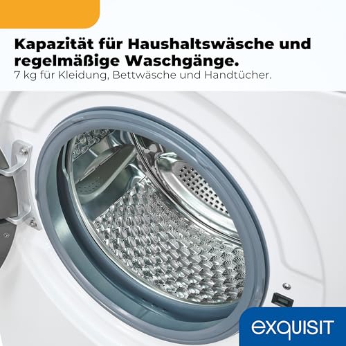 Exquisit Waschmaschine | 7 kg Nennkapazität, Energieeffizienzklasse A, 1400 U/Min, 76 dB(A) | kompakte Bauform, 12 Programme, Eco 40-60, Kurzprogramm, Startzeitverzögerung | WA57014-020A weiss