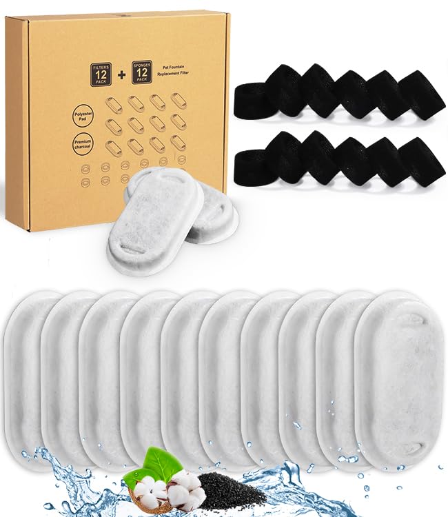 Zawaer Filter for Cat Fountain, 24 PCS Cat Water Fountain Filters, Replacement Filter Including 12 PCS Activated Carbon Filter and 12 PCS Foam Sponge, Water Filters for 3.2L/2L Cat Water Fountain.