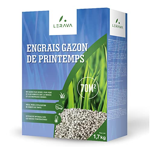 LERAVA PRINTEMPS Engrais gazon de printemps - gazon épais, vert foncé, robuste - engrais gazon desherbant - idéal pour une utilisation avec des robots tondeuses - 300m²