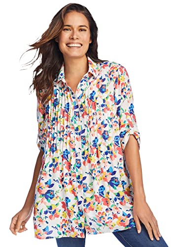 Image of Woman Within Plus Size Rayon Pintucked Effortless Tunic Blouse - 3X, White Watercolor Blossom