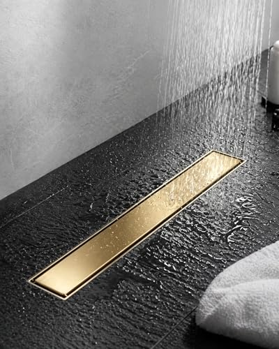 Image of 24 Inch Brushed Gold Linear Shower Drain | CUPC Certified 2-in-1 Tile Insert for Curbless Showers. 304 Steel, 15.8GPM Flow. Includes Hair Catcher & Adjustable Feet.