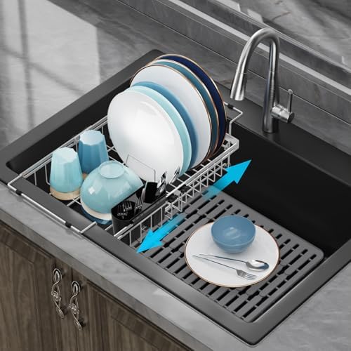GSlife in Sink Dish Drying Rack - Stainless Steel Capacity Expandable Dish Drainer with Sink Protector, 10.8–17.9