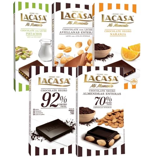 Lacasa pack 5 tabletas de chocolate:leche avellanas, naranja chocolate negro,leche pistacho 90g,cacao 92%, almendra 200g