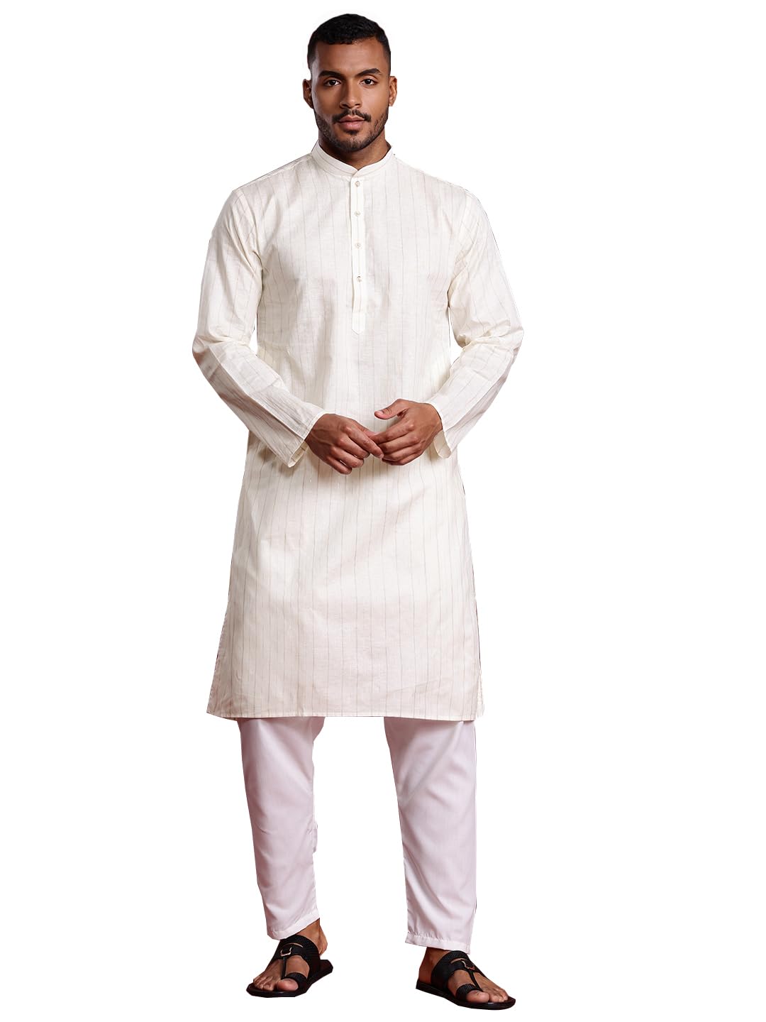 Men's Ethnic Pure Cotton Lurex Stripe Straight Kurta - Mandarin Collar, Long Sleeves, Straight Hem, Knee Length, Regular Fit, 2 Pockets, Side Slit-image-17