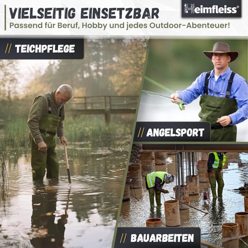 Heimfleiss® Wathose Herren Wasserdicht mit Stiefel (Gr. 43) | Unisex Nylon Anglerhose inkl. Zubehör | rutschfeste Fischerhose zum Angeln oder zur Teichreinigung | Wader Watthose Teichhose Angelhose
