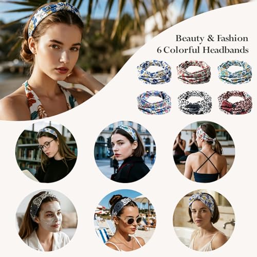 Image of HSEM Boho Headbands for Women 6-Pack - Non-Slip Wide Head Bands, Thick Elastic Hair Bands - Large Knotted Soft Stretchy Sweatbands for Running, Yoga, Makeup, Washing Face, Spa & Workout
