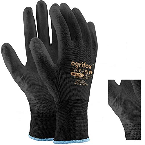 24 Pares de Guantes de Trabajo de Nailon Negro con Revestimiento de Poliuretano, para jardinería, constructores, mecánicos y Adhesivos Redondos AJS LTD® (L-9)