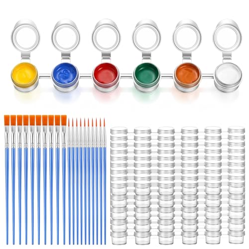 Nogeqi 10 Strips 60 Pots Paint Containers with Lids Mini Paint Containers with 20 Pieces Paint Brushes Empty Paint Pots Arts Crafts Supplies for Classrooms Schools Painting Art Festivals 2 Ml