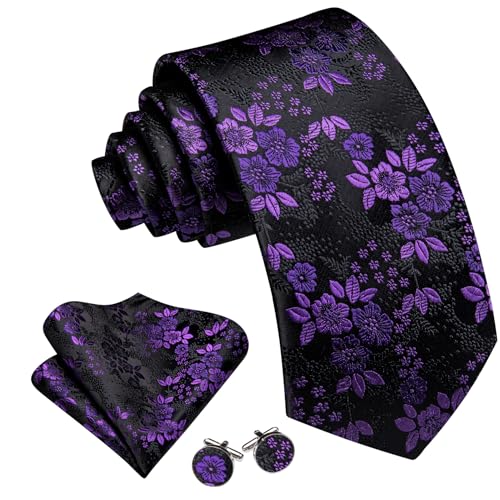 Image of Barry.Wang Flower Ties for Men Silk Woven Floral Tie Sets Necktie Handkerchief Cufflinks Wedding Party
