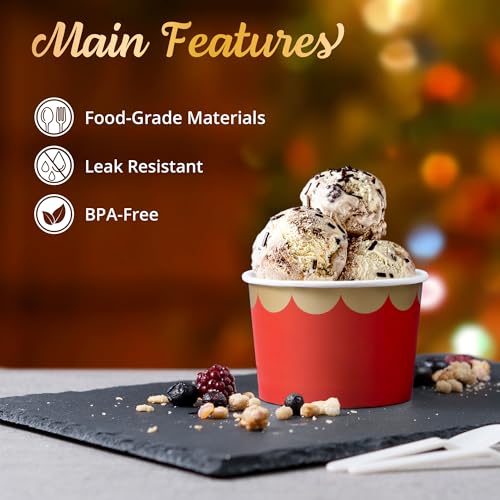 Image of Confettiville Paper Ice Cream Cups, 50-Count 9-Oz Disposable Dessert Bowls for Hot or Cold Food, 9-Ounce Christmas Party Supplies Treat Cups, Red and Gold, Floral Gold Foil