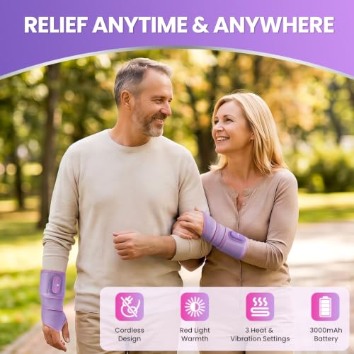 Image of Cordless Wrist Hand Heating Pad Massage for Pain Relief, Rechargeable Heated Wrist Brace for Carpal Tunnel & Arthritis, Red Light Heated Wrist Massager Wrap, Purple