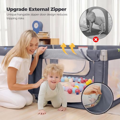 Image of Foldable Baby Playpen, 47 inchx49 inch Collapsible Play Pen for Babies Toddlers, 360 Vision Mesh Play Yard with Zipper Gate, Adjustable Shape Safety Baby Fence with Handles, Portable Indoor Outdoor, Grey