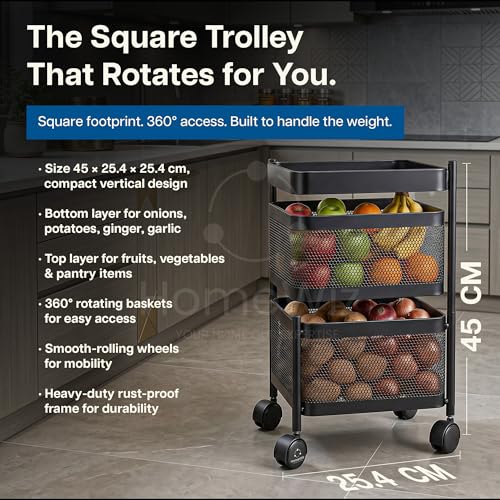 Image of HomeWiz Square Kitchen Rack 2- Layer | Lifetime Usage Heavy Duty Steel Trolley | Kitchen Storage | Onion Potato Rack For Kitchen | Multipurpose Storage Rack for Fruits & Vegetables | Rust-Free Forever